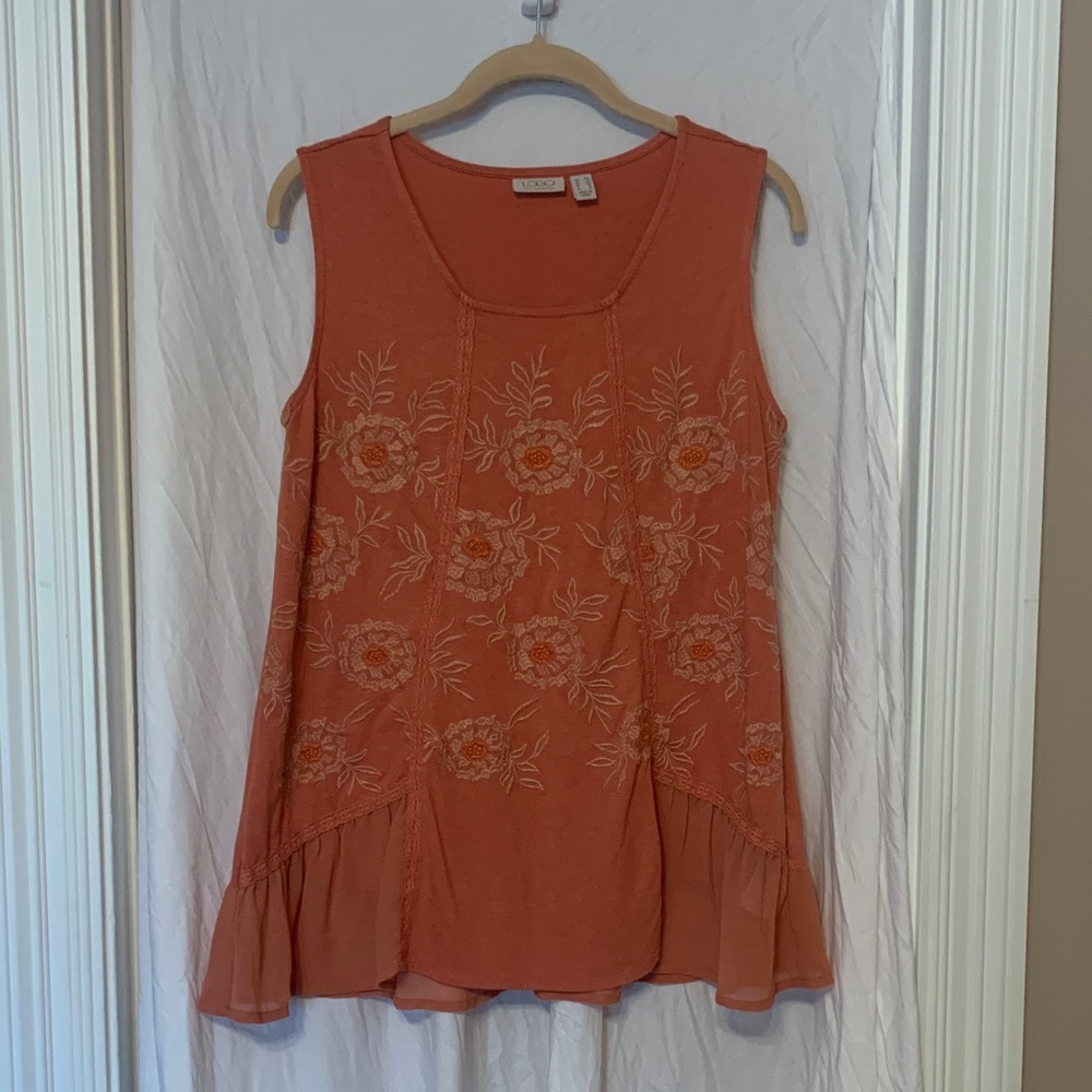 LOGO Lori Goldstein Coral Floral Embroidered Sleeveless Tunic EUC